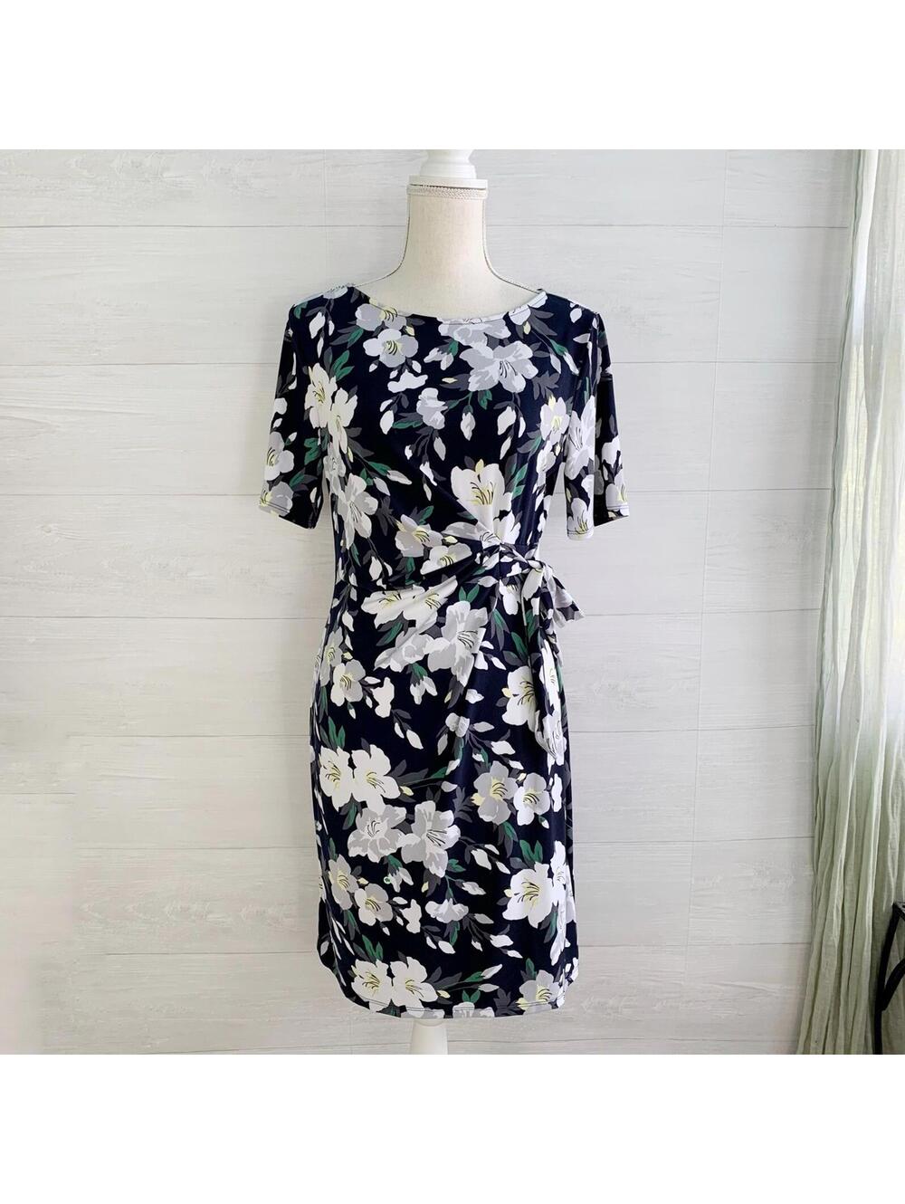NWT Ann Taylor Factory Petite Navy Blue Floral Stretch Sheath Dress MP
